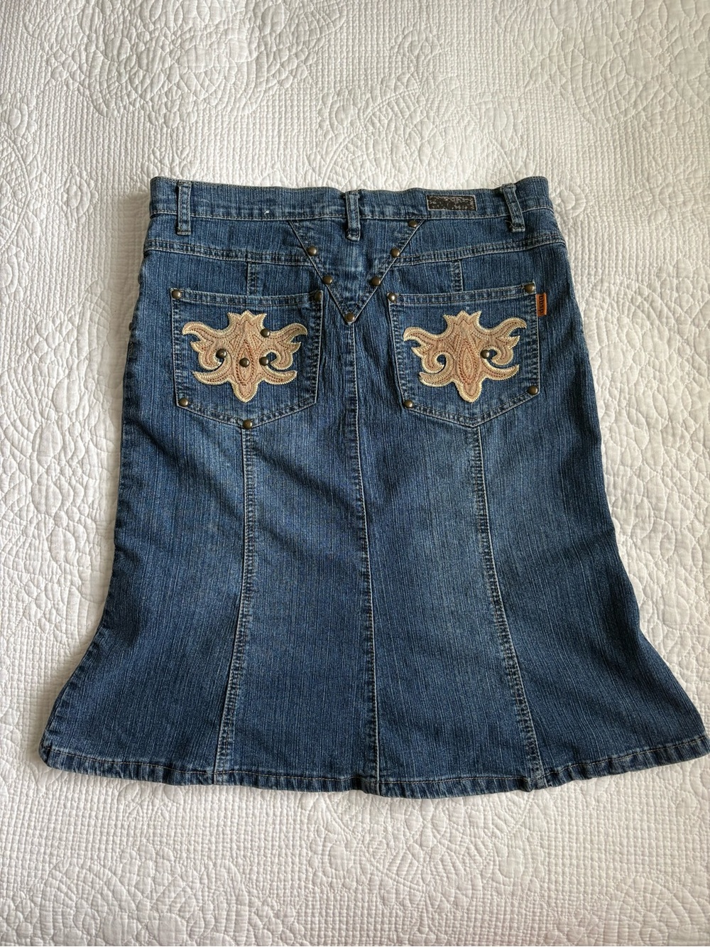 Vintage 90s Denim Embroidered Studded Midi Skirt